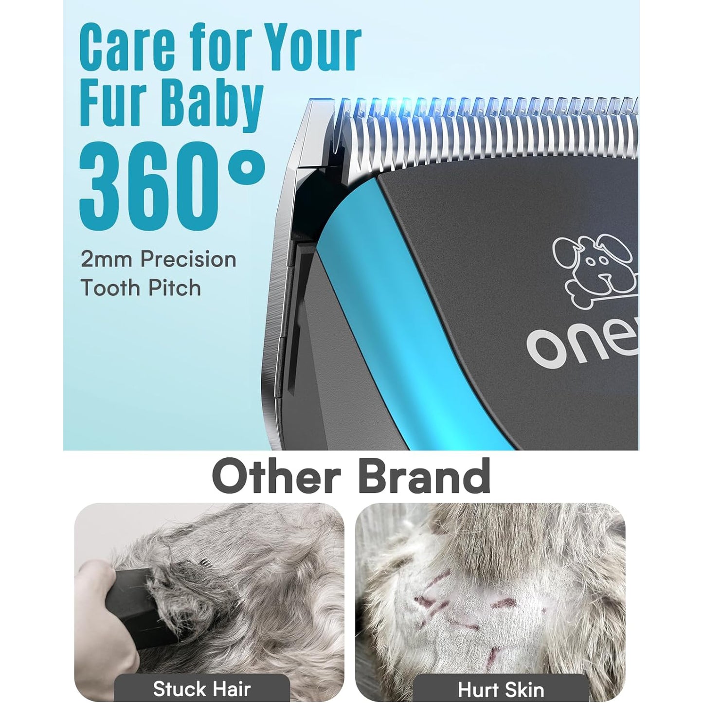 Oneisall DTJ-001 Dog Clippers for Grooming, High Power 7000RPM Low Noise Dog Grooming Clippers with Stainless Steel Blade & 6 Guide Guards, Rechargeable Dog Grooming Kit for Heavy Coats, Grey Blue