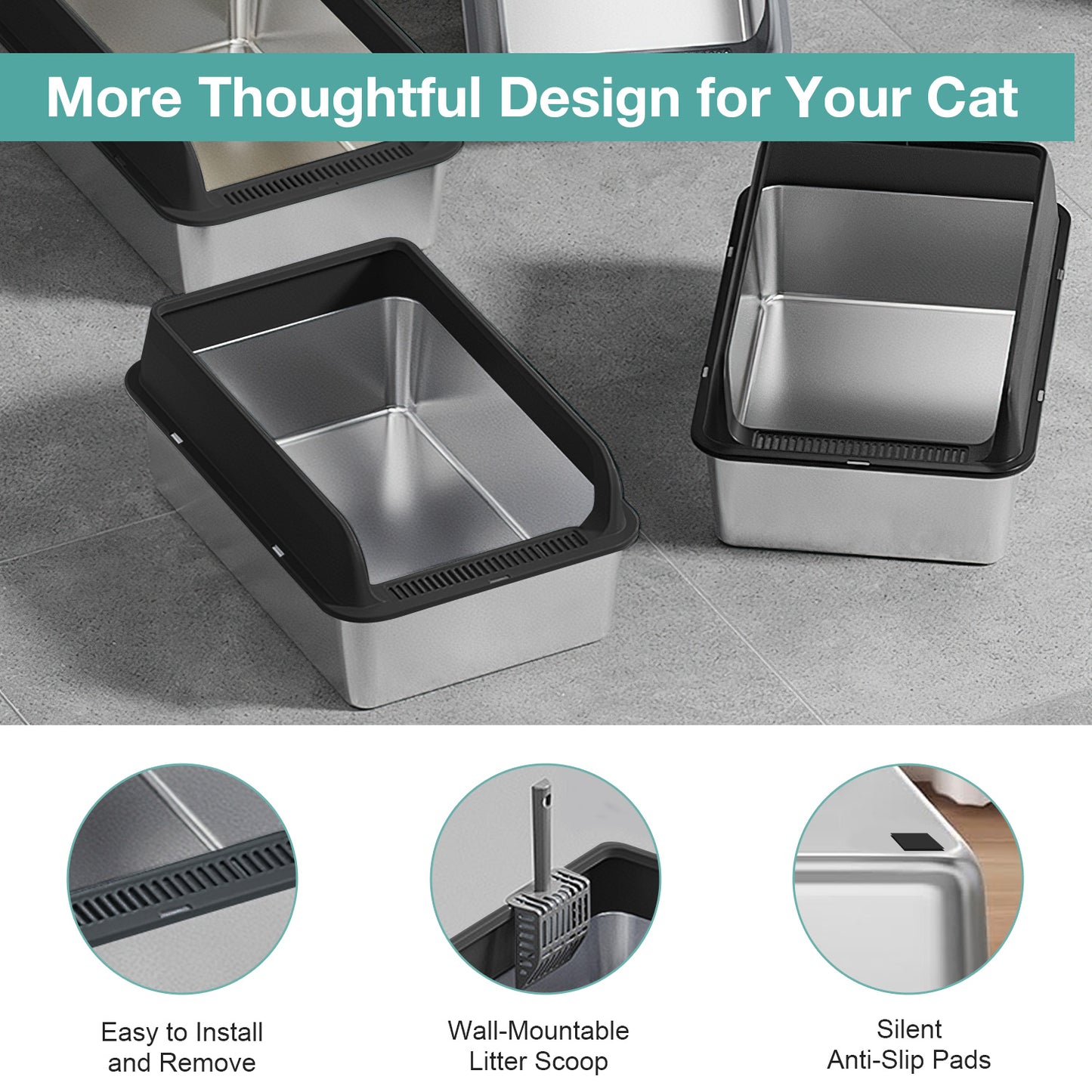 Oneisall XL Stainless Steel Cat Litter Box for Multiple Cats, MS-60 Metal Cat Litter Box with Scoop & Mat, Black