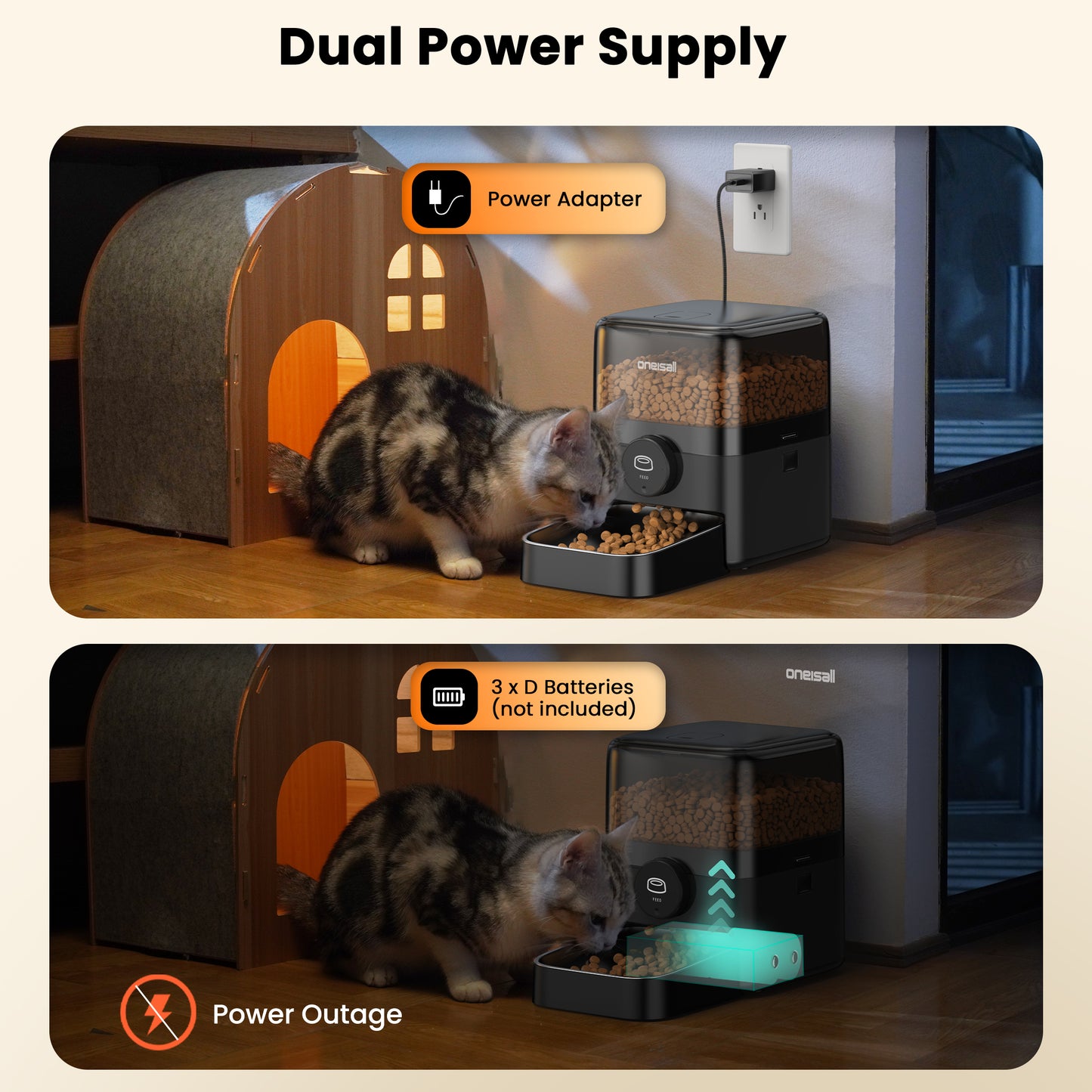 Oneisall PF05 Automatic Cat Feeder, 12 Cups/3L Programmable Cat Food Dispenser, Timed Cat Feeders for Dry Food, Black