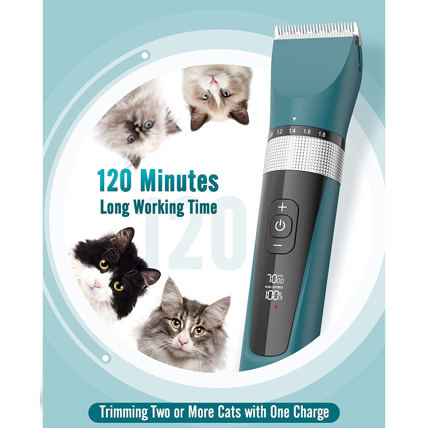 Oneisall YP-7268 5-Speed Cat Grooming Clippers, Cordless Low Noise Cat Clippers for Grooming, Rechargeable IPX6 Waterproof Cat Grooming Kit with 4 Guide Combs, Pet Hair Clipper Trimmer for Dogs Cats