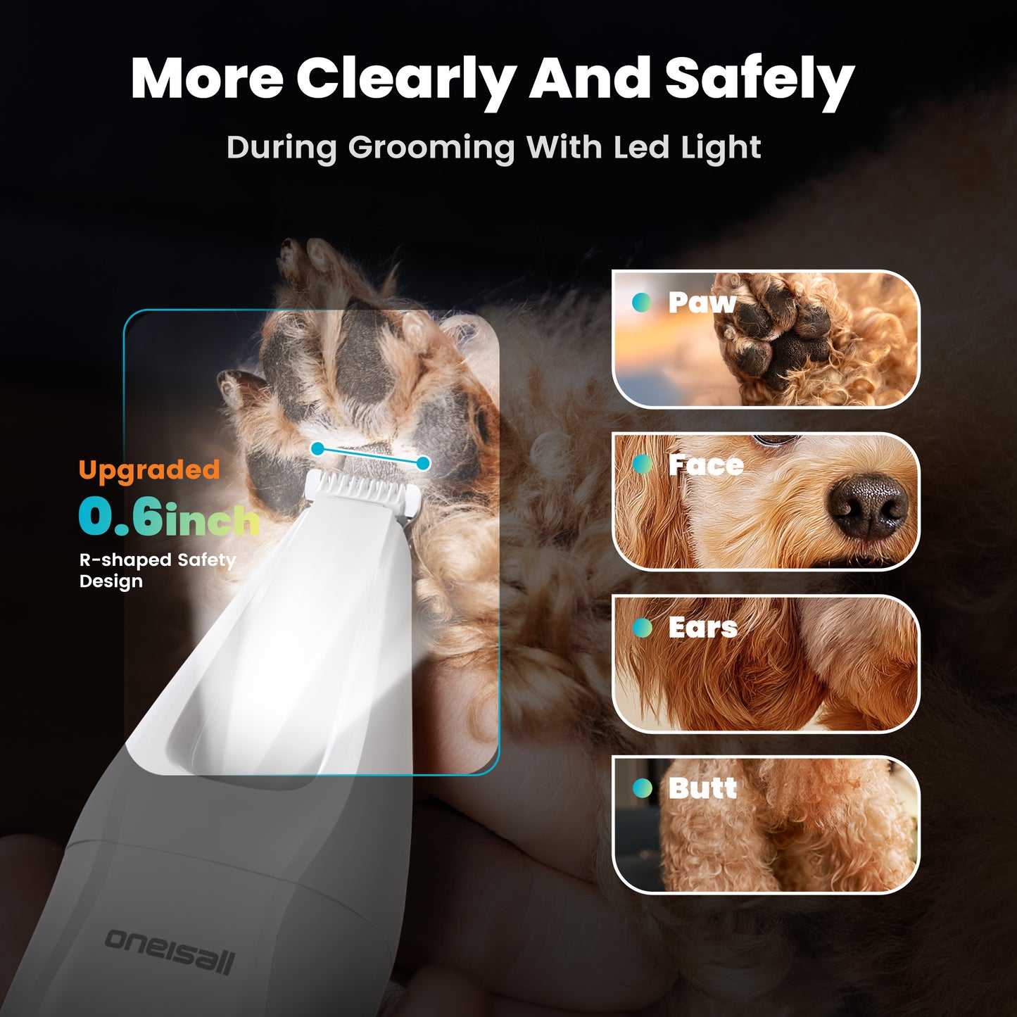 Oneisall 4-in-1 Cordless Dog Grooming Kit with LED Light, FC10 Dog Clippers & Dog Paw Trimmer & Dog Nail Grinder & Dog Grooming Clippers