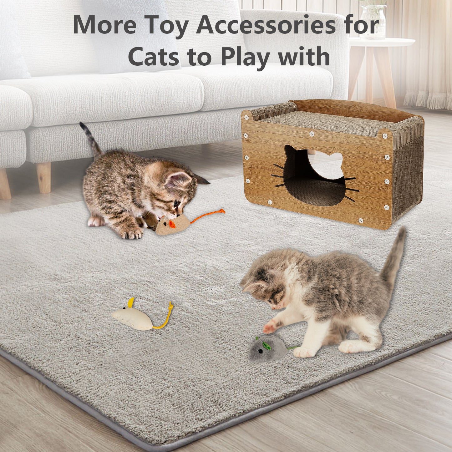 Oneisall 2 In 1 Cat Scratcher Cat Houses for Indoor Cats, 2-Layer Cardboard Cat House & 8-Sides Cat Scratching Board, Cat Scratcher House with 3 Cat Toys, Cat Furniture Cat Scratch Pad, Wood Color