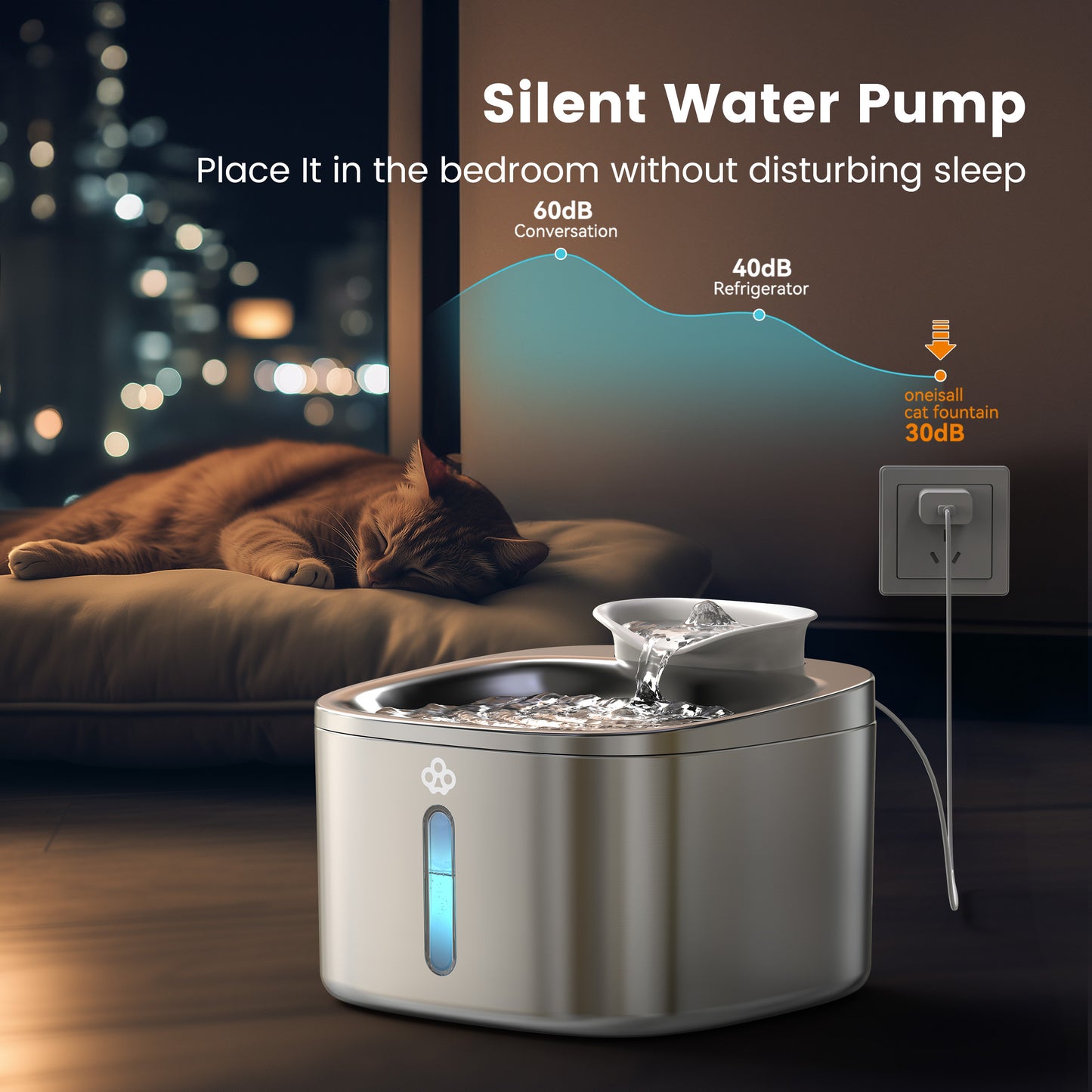 Oneisall WW02 Stainless Steel Cat Water Fountain for Cats Indoor, 3.5L/118oz Automatic Pet Water Fountain, Quiet Cat Fountains with 3 Sets of Filters, Silver