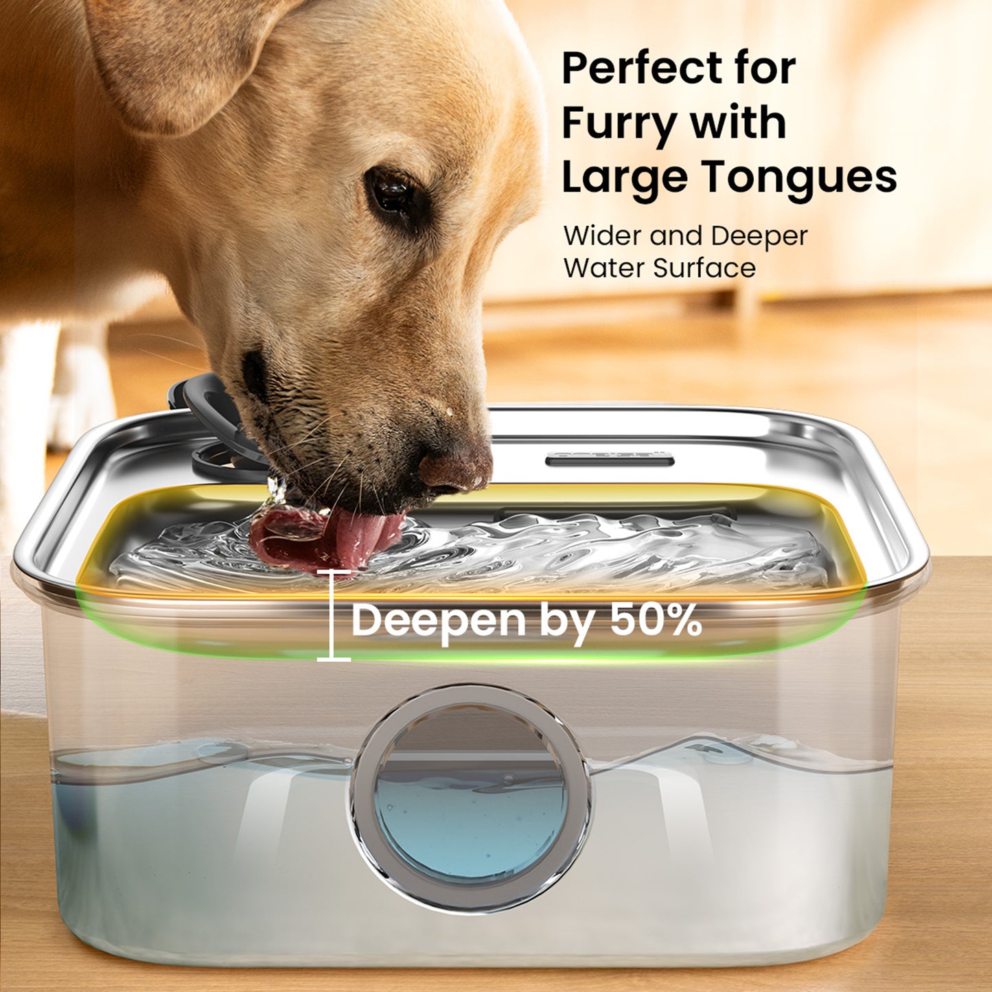 Oneisall PW07 Dog Water Fountain Stainless Steel 304, 10L/2.6Gal Automatic Dog Water Bowl Dispenser with Multi-Filtration & Deeper Drinking Area, Large Dog Water Bowl with Water Window & LED, Silver