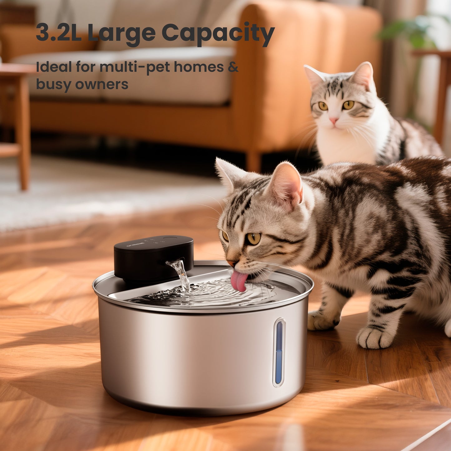 Oneisall CW-05 Stainless Steel Cat Water Fountain Wireless, 3.2L/108oz Low Noise Automatic Water Dispenser for Cats, Triple Filter Cat Fountains for Drinking - Silver