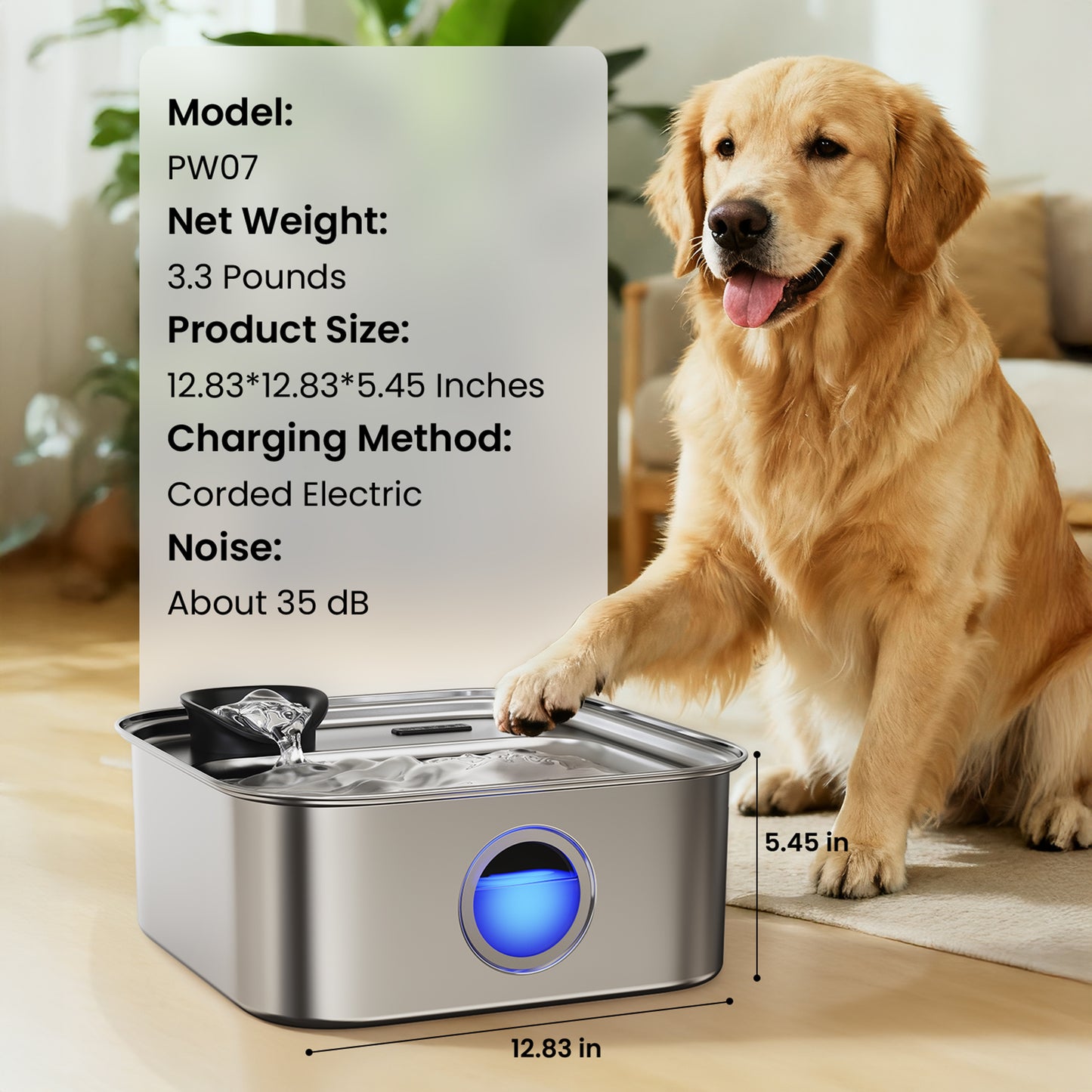 Oneisall PW07 Dog Water Fountain Stainless Steel 304, 10L/2.6Gal Automatic Dog Water Bowl Dispenser with Multi-Filtration & Deeper Drinking Area, Large Dog Water Bowl with Water Window & LED, Silver