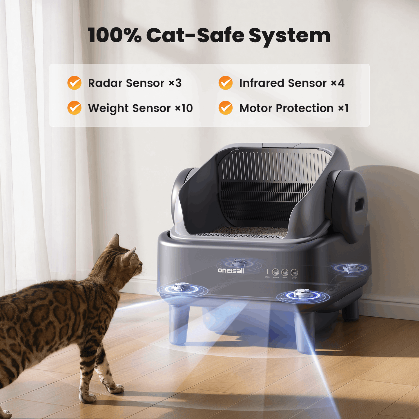 Oneisall CB01 Self-Cleaning Litter Box with EaseClean™ System, Open-Top Cat Litter Box for Large Cat, Automatic Litter Box Complete Litter Kit with Litter Mat, 40 Waste Bin Liners - Gray