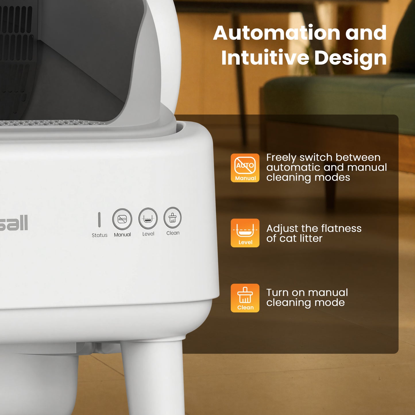 Oneisall AB01 Automatic Cat Litter Box with 17 Safety Sensors, Open Top Self Cleaning Litter Box for Multiple Cats, Automatic Litter Box with Washable Silicone Lining & 40 Waste Bags, White