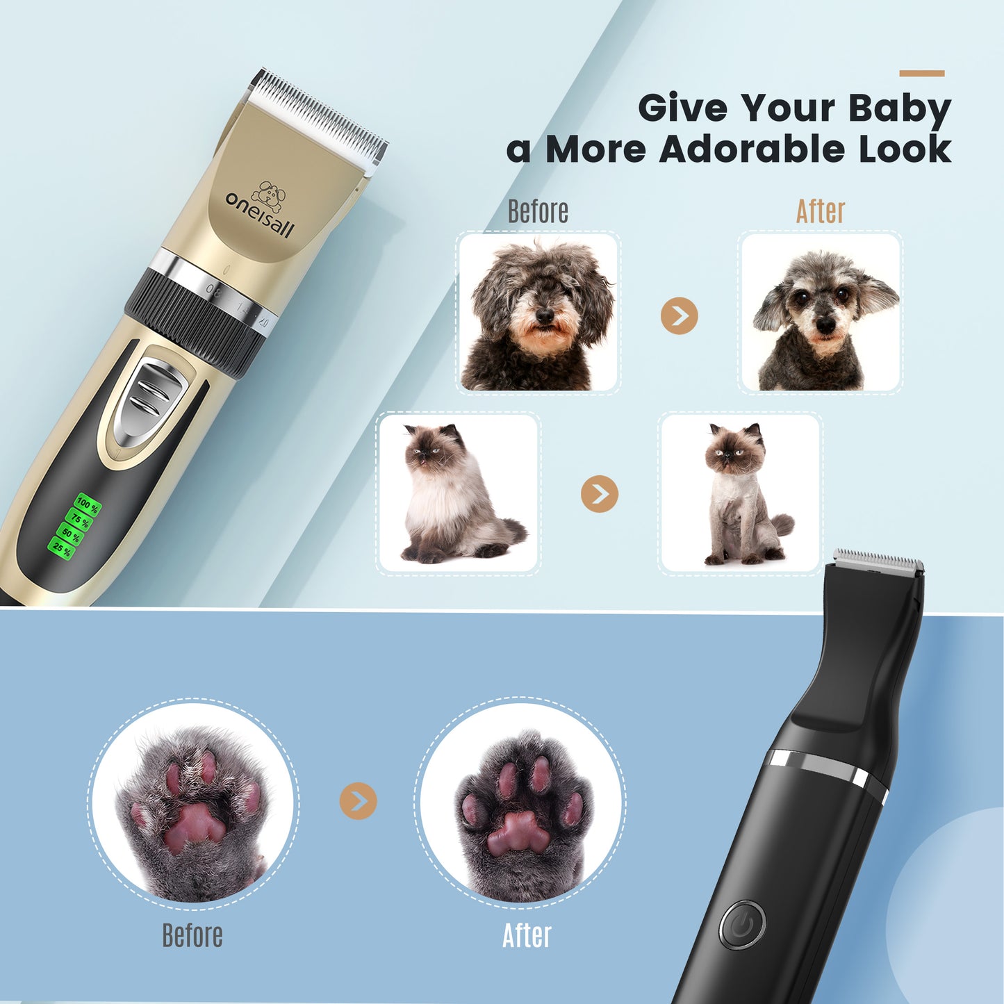 Oneisall S6 Set Dog Clippers & Dog Paw Trimmer, 2-in-1 Ultra Quiet Cordless Dog Grooming Kit, Gold & Black