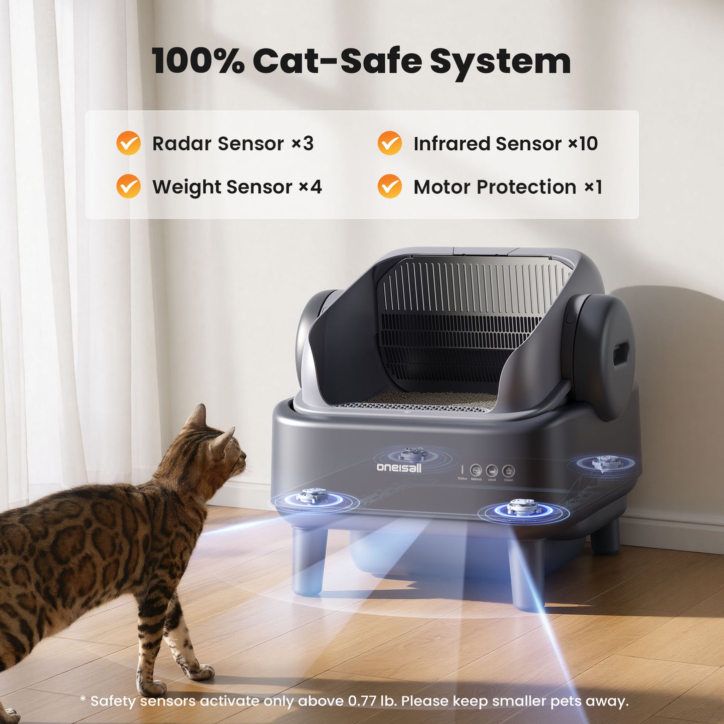 Oneisall CB02 Self Cleaning Litter Box with APP Control, Open-Top Smart Cat Litter Box Rinsable Easy Clean, Safety Protection&11L Large Waste Bin, Automatic Litter Box for Large Cats, Gray