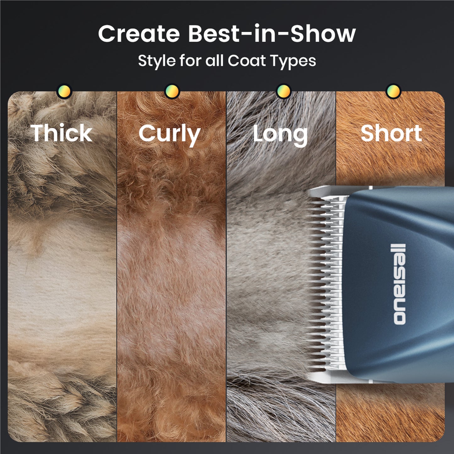 Oneisall PC14 Professional Dog Clippers for Groomer, Blade #10 - 1.5mm, Cordless 2-Speed Dog Grooming Clippers for Thick Hair, Detachable Carbonized Steel Blade & 3 Metal Combs, Detachable Battery