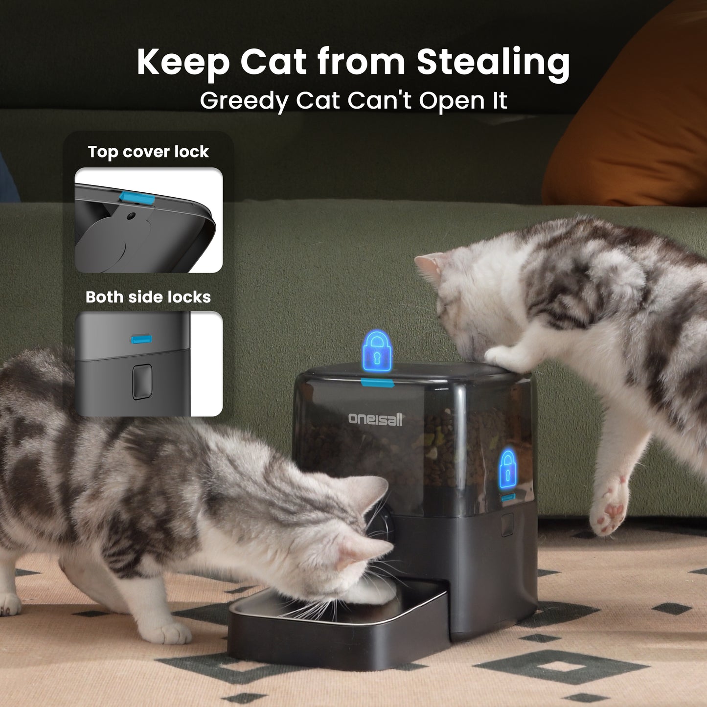 Oneisall PF05 Automatic Cat Feeder, 12 Cups/3L Programmable Cat Food Dispenser, Timed Cat Feeders for Dry Food, Black