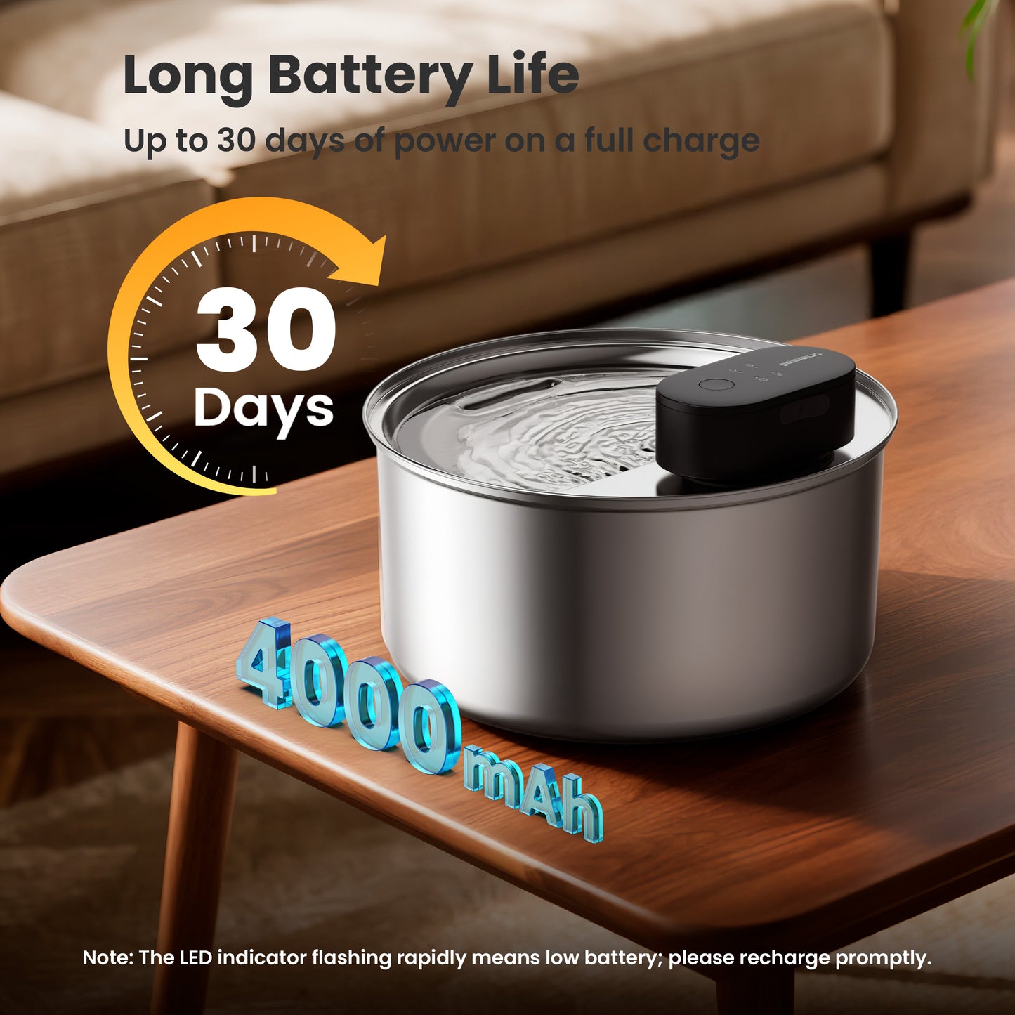 Oneisall CW-05 Stainless Steel Cat Water Fountain Wireless, 3.2L/108oz Low Noise Automatic Water Dispenser for Cats, Triple Filter Cat Fountains for Drinking - Silver