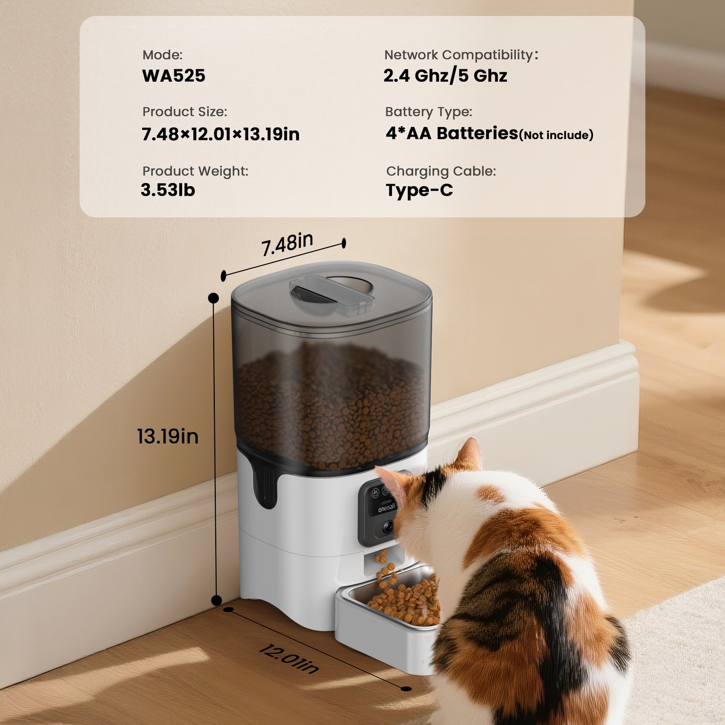 Oneisall WF-63 5GHz & 2.4GHz Automatic Cat Food Dispenser, 6L/12 Cups Automatic Cat Feeder with Camera, White