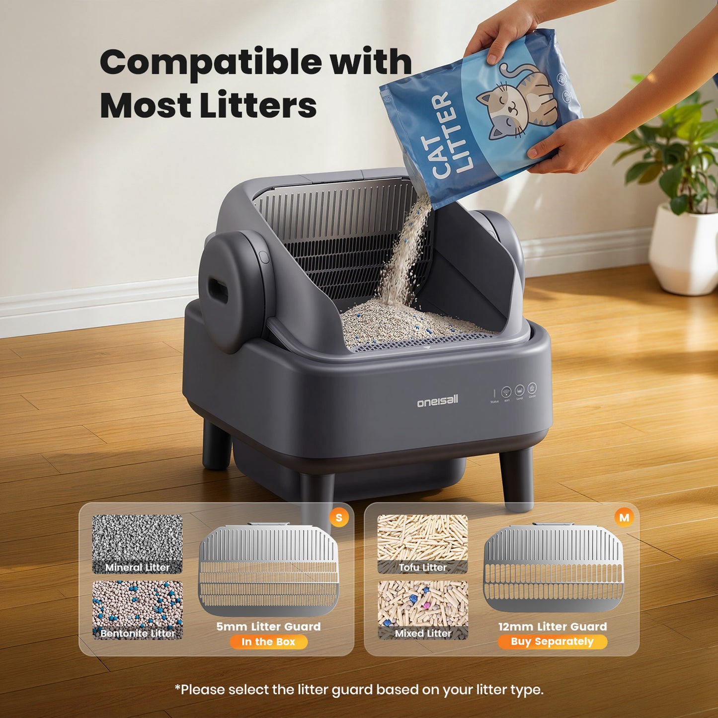 Oneisall CB02 Self Cleaning Litter Box with APP Control, Open-Top Smart Cat Litter Box Rinsable Easy Clean, Safety Protection&11L Large Waste Bin, Automatic Litter Box for Large Cats, Gray