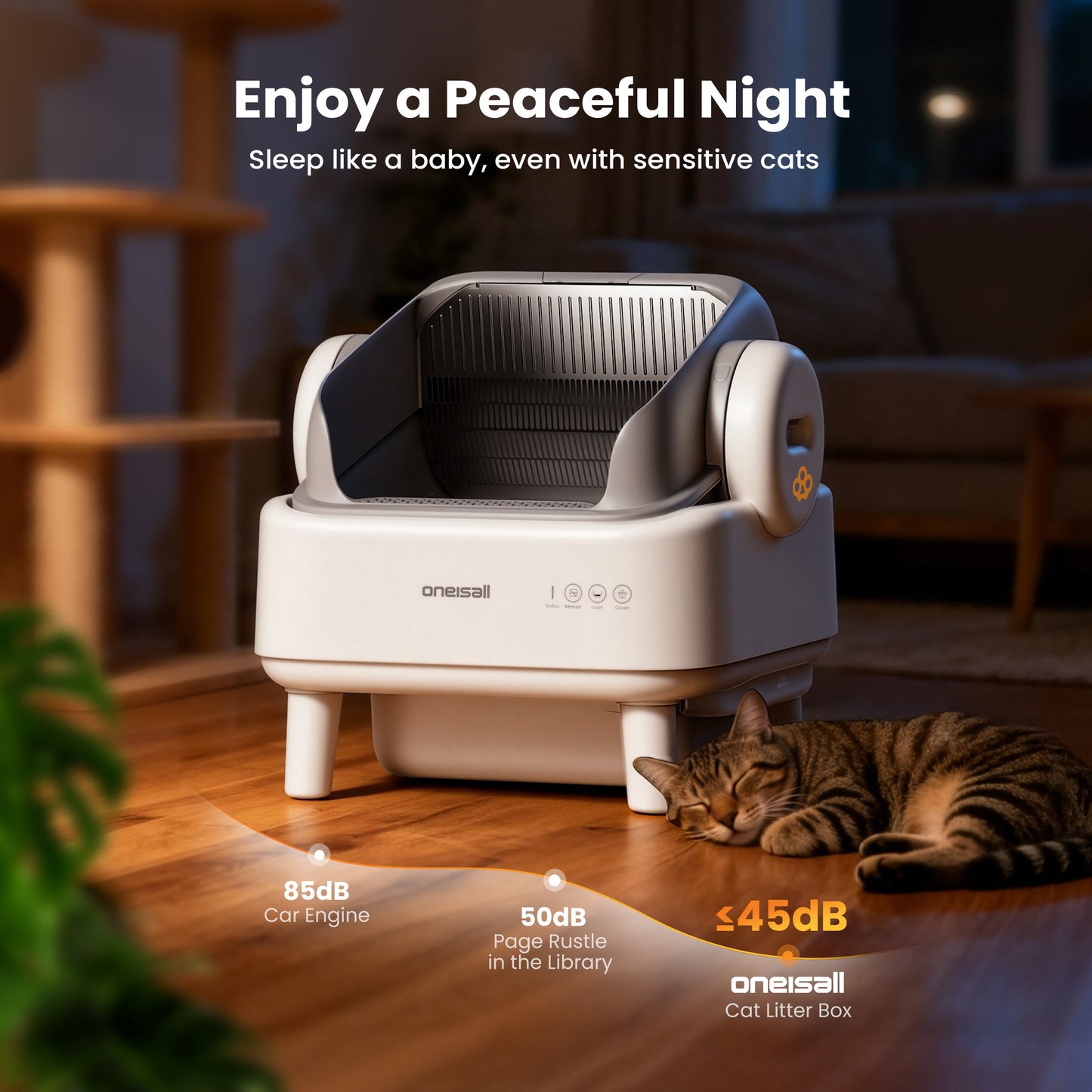 Oneisall AB01 Automatic Cat Litter Box with 17 Safety Sensors, Open Top Self Cleaning Litter Box for Multiple Cats, Automatic Litter Box with Washable Silicone Lining & 40 Waste Bags, White