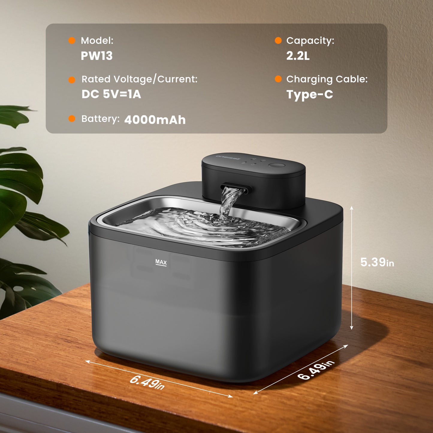 Oneisall CW-04 Wireless Cat Water Fountain Stainless Steel Tray, 2.2L/74oz Low Noise Cat Water Dispenser, Cat Drinking Fountain with 3 Filters- Silver