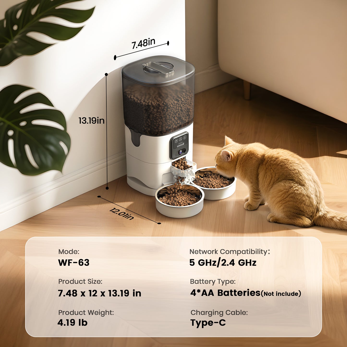 Oneisall WF-65 Automatic Cat Food Dispenser for 2 Cats, 5GHz & 2.4GHz Automatic Cat Feeder with Camera, 7L/29 Cups Timed Cat Feeder, White