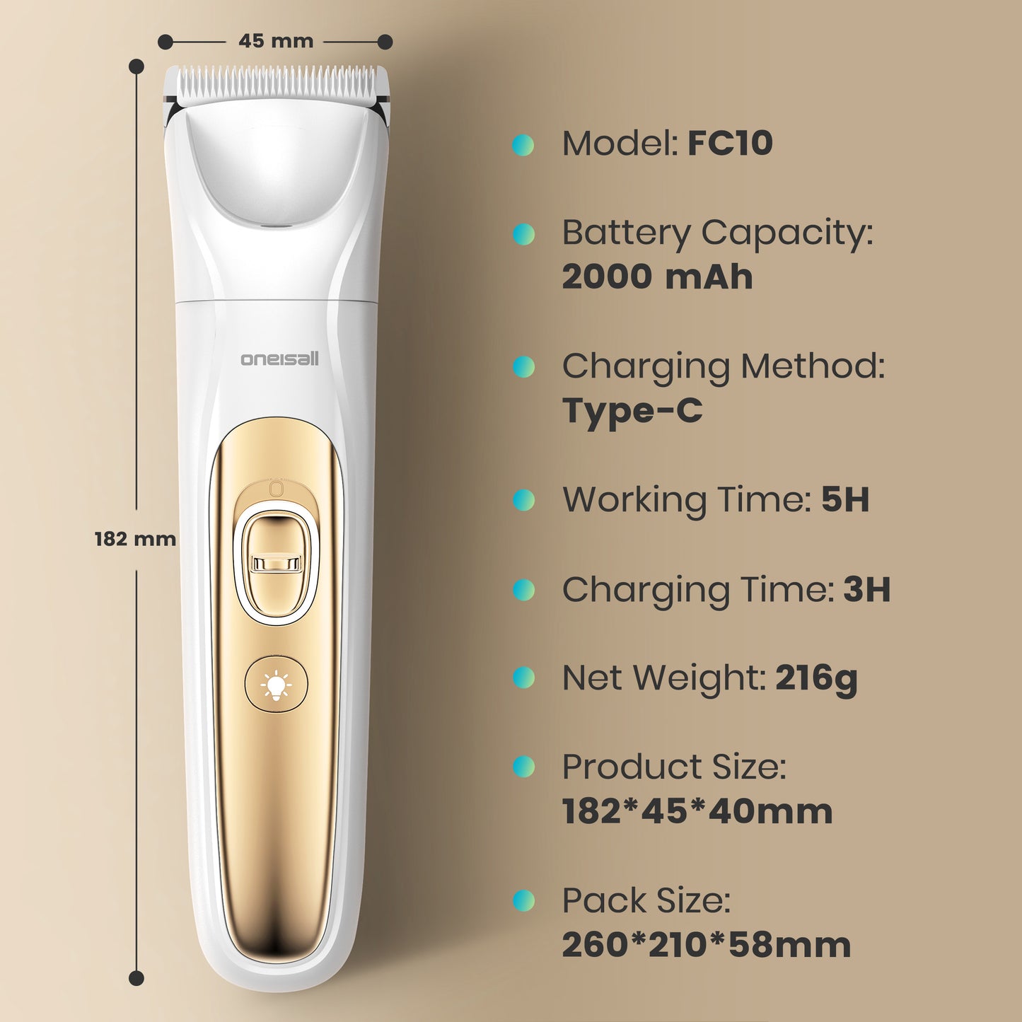 Oneisall 4-in-1 Cordless Dog Grooming Kit with LED Light, FC10 Dog Clippers & Dog Paw Trimmer & Dog Nail Grinder & Dog Grooming Clippers