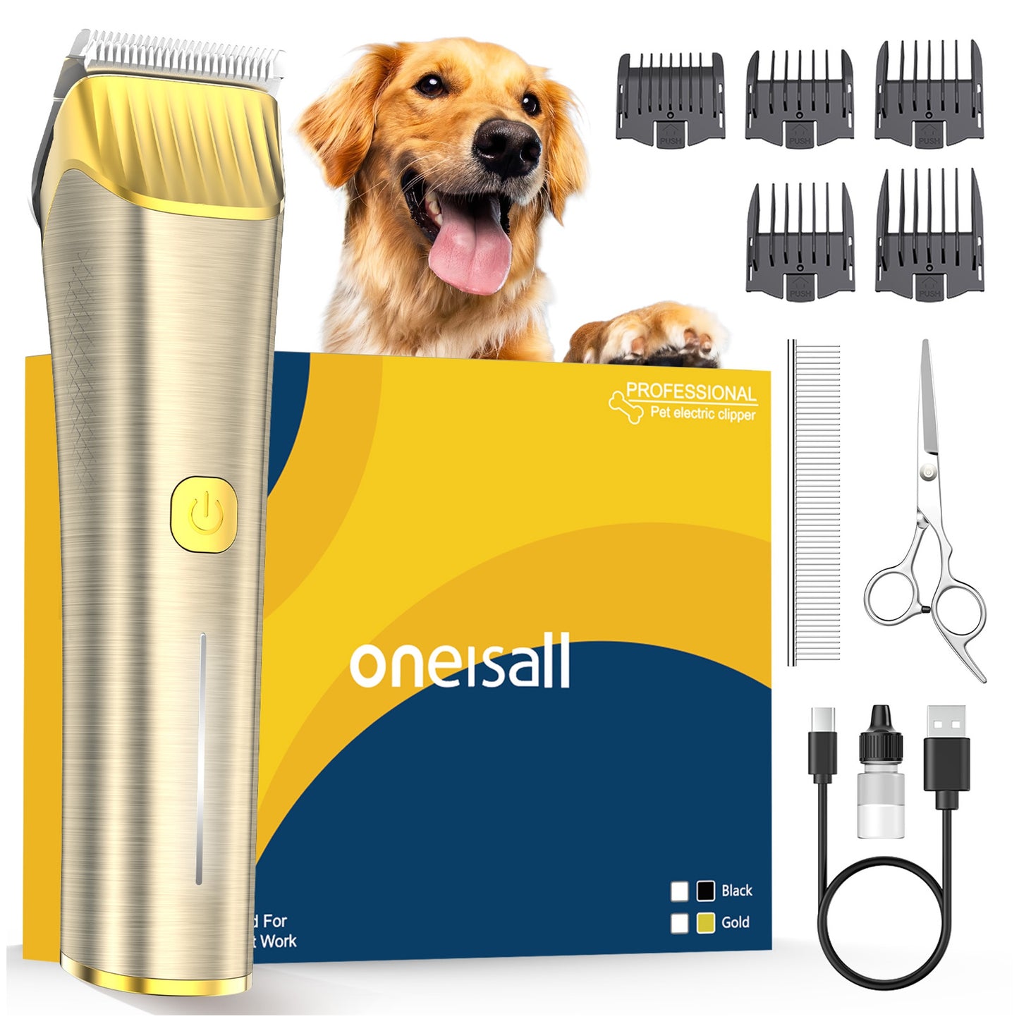 Oneisall RK-034 Dog Clippers for Grooming, 2 Speed Low Noise Dog Grooming Kit with Detachable Metal Blade & 5 Guide Guards, Cordless Dog Grooming Clippers, Gold