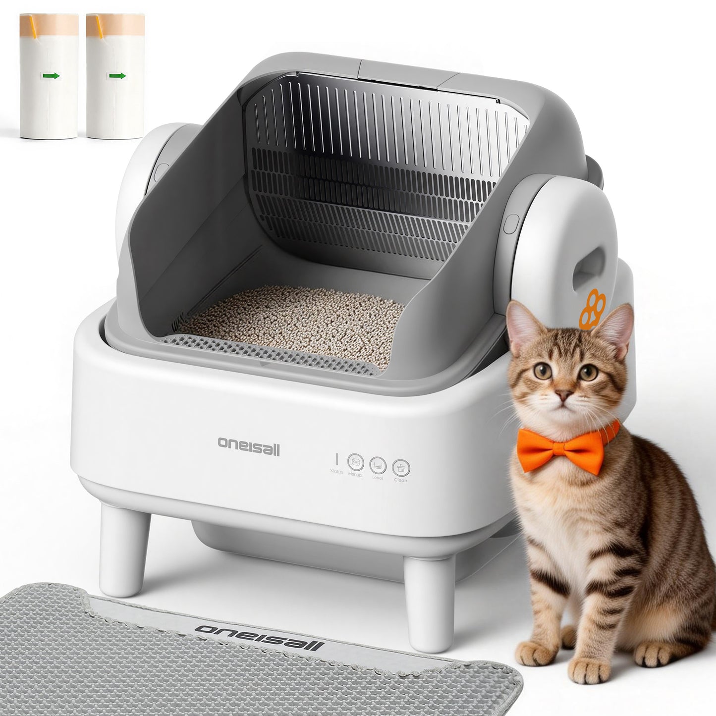 Oneisall AB01 Automatic Cat Litter Box with 17 Safety Sensors, Open Top Self Cleaning Litter Box for Multiple Cats, Automatic Litter Box with Washable Silicone Lining & 40 Waste Bags, White