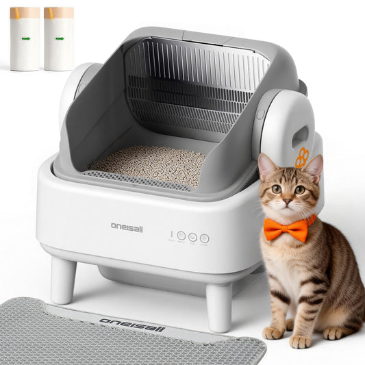 Oneisall AB01 Automatic Cat Litter Box with 17 Safety Sensors, Open Top Self Cleaning Litter Box for Multiple Cats, Automatic Litter Box with Washable Silicone Lining & 40 Waste Bags, White