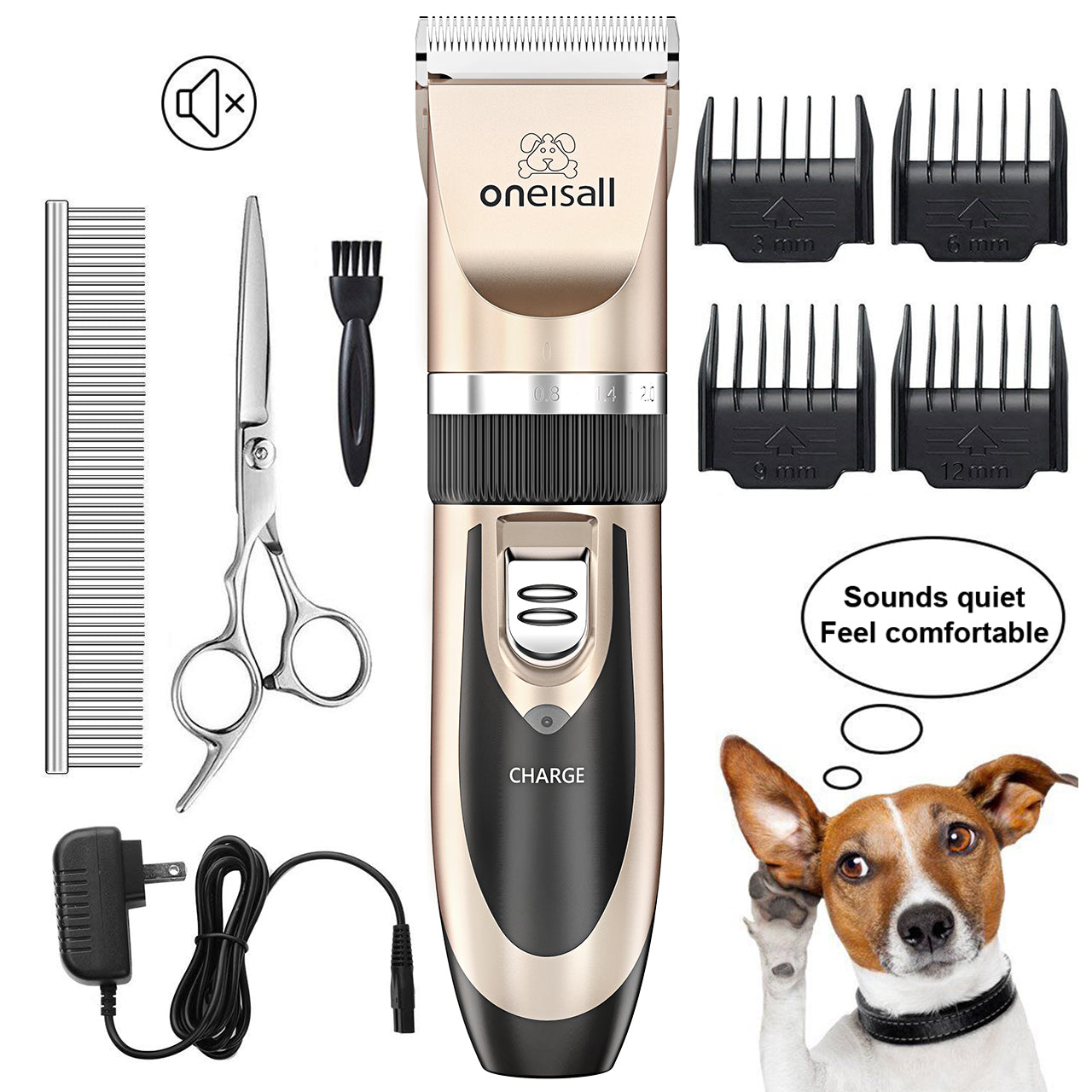 Oneisall Pet Clippers Electric, Low Noise Dog Grooming Kit, Rechargeable Cordless Dog Clippers for Grooming, Hair Clippers Set for Dogs Cats Pets - Gold