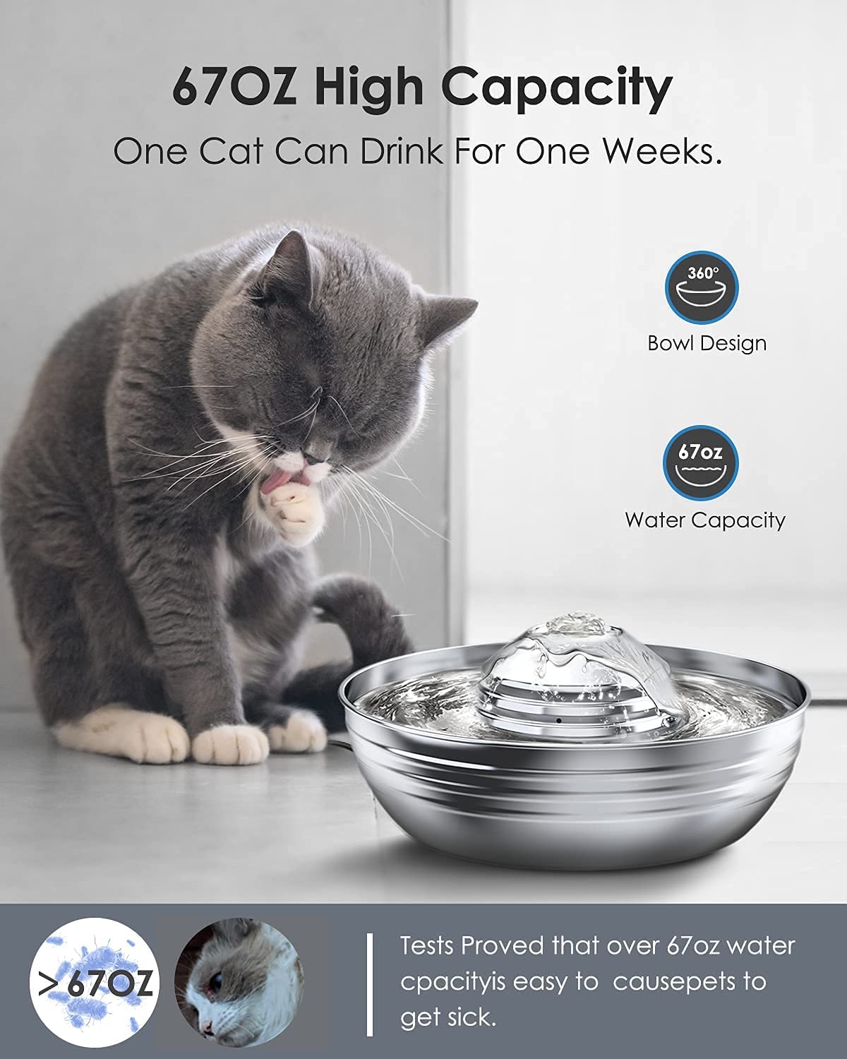 Oneisall Cat Water Fountain Stainless Steel, 2L/67oz Multi-Pet Water Fountain, Dog Water Fountain with Ultra-Quiet Pump & Dishwasher Safe Design, Automatic Pet Drinking Fountain & 5 Filters for Cats