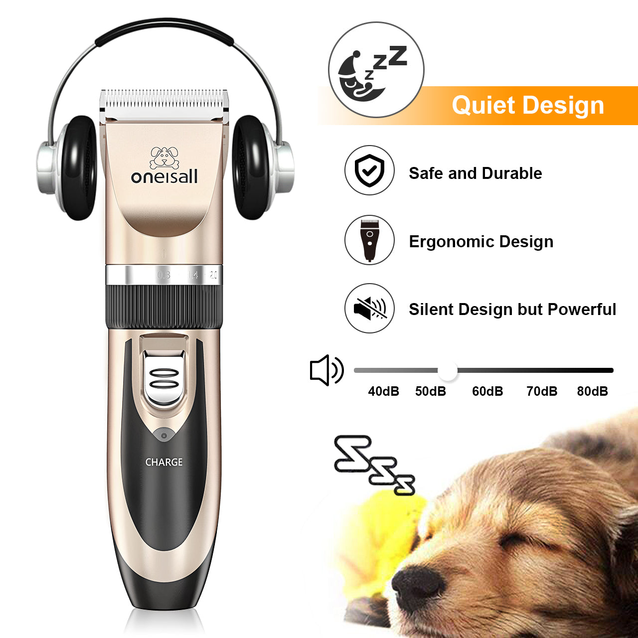 Oneisall Pet Clippers Electric, Low Noise Dog Grooming Kit, Rechargeable Cordless Dog Clippers for Grooming, Hair Clippers Set for Dogs Cats Pets - Gold